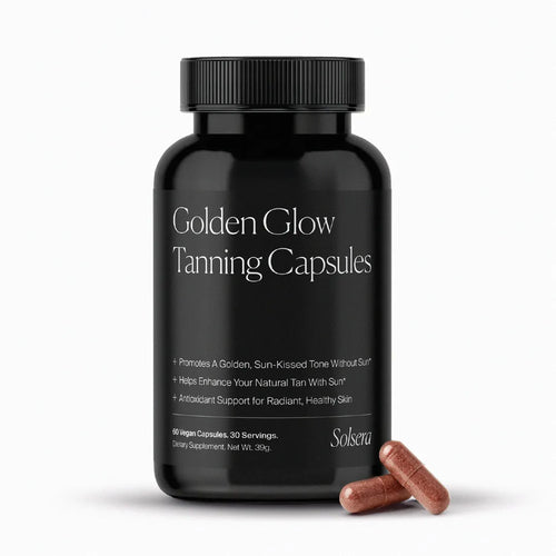 Bottle of Solsera Golden Glow Tanning Capsules beside two capsules.